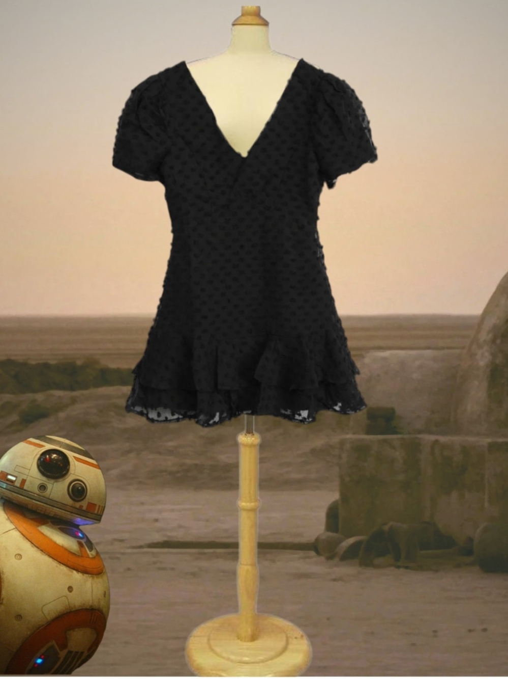 Black Textured V-Neck Ruffle Mini Dress - Picture 3 of 4